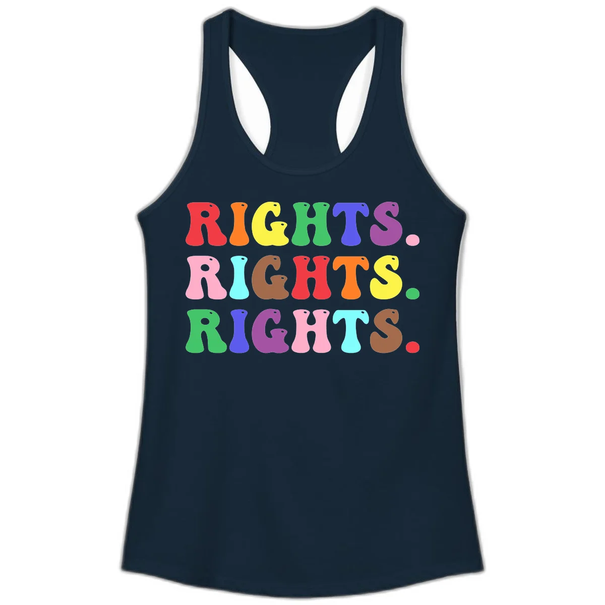 Rainbow-colored letters spelling 'RIGHTS' three times in bright red, orange, yellow, green, blue, purple, pink, cyan, and brown on gray background in Solid Midnight Navy