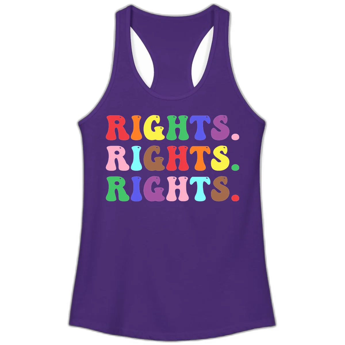 Rainbow-colored letters spelling 'RIGHTS' three times in bright red, orange, yellow, green, blue, purple, pink, cyan, and brown on gray background in Solid Purple Rush