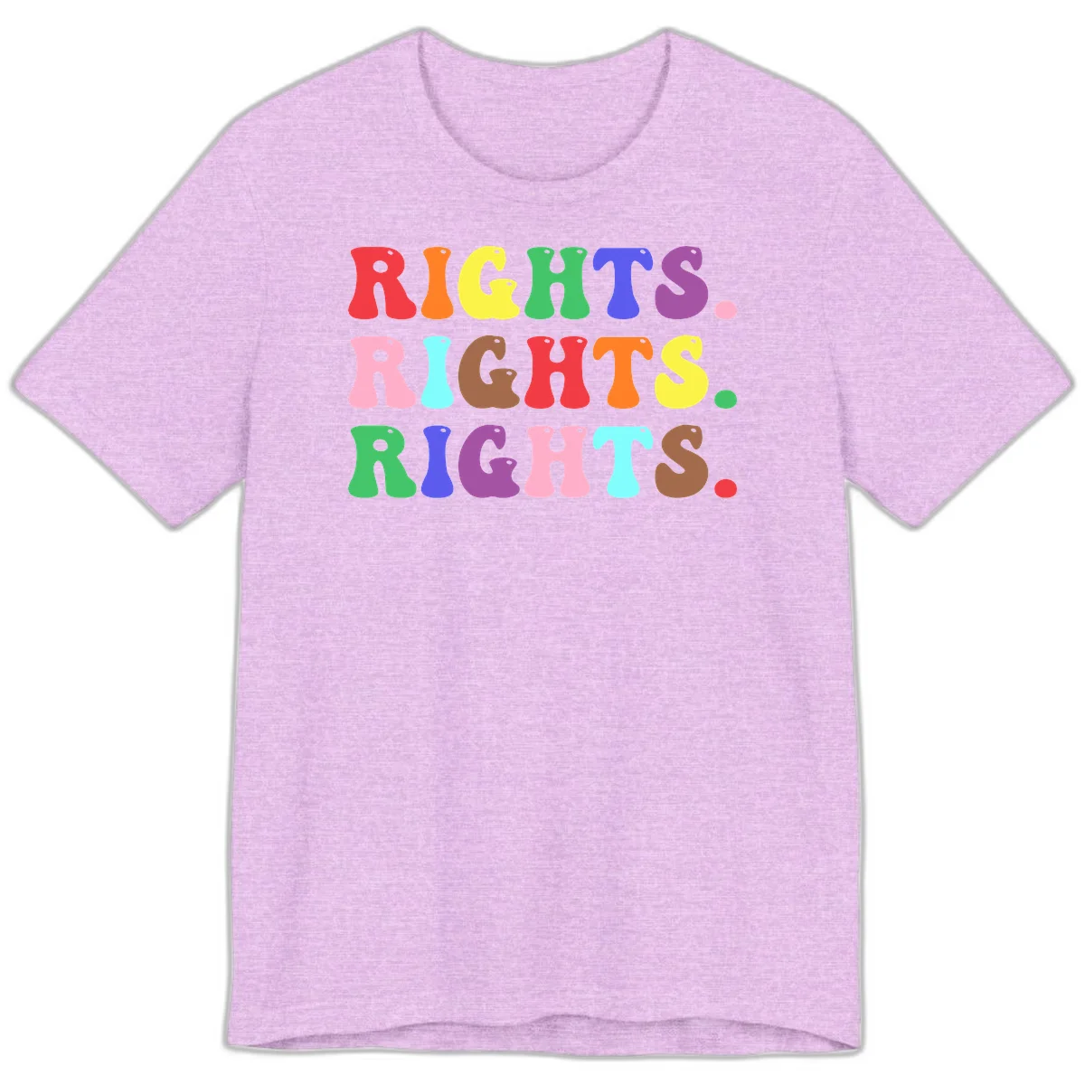 Rainbow-colored letters spelling 'RIGHTS' three times in bright red, orange, yellow, green, blue, purple, pink, cyan, and brown on gray background in Heather Prism Lilac
