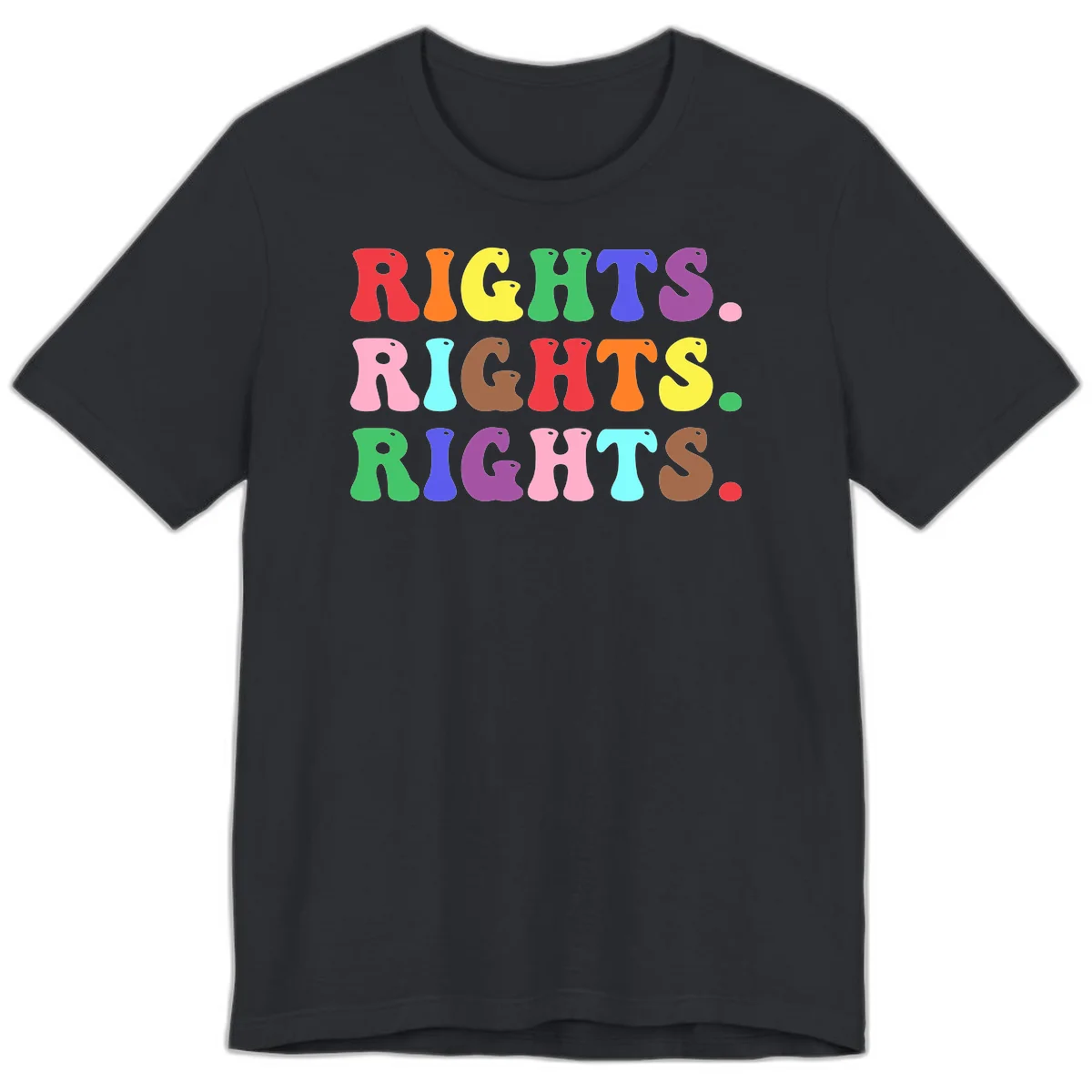 Rainbow-colored letters spelling 'RIGHTS' three times in bright red, orange, yellow, green, blue, purple, pink, cyan, and brown on gray background in Vintage Black