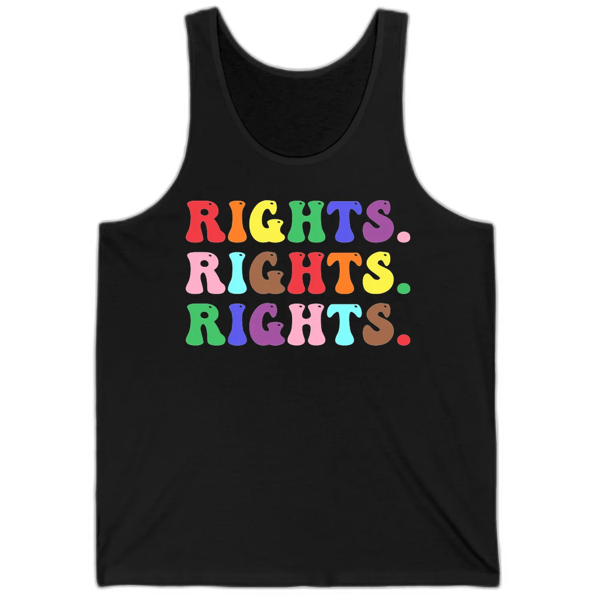 Rainbow-colored letters spelling 'RIGHTS' three times in bright red, orange, yellow, green, blue, purple, pink, cyan, and brown on gray background in Black