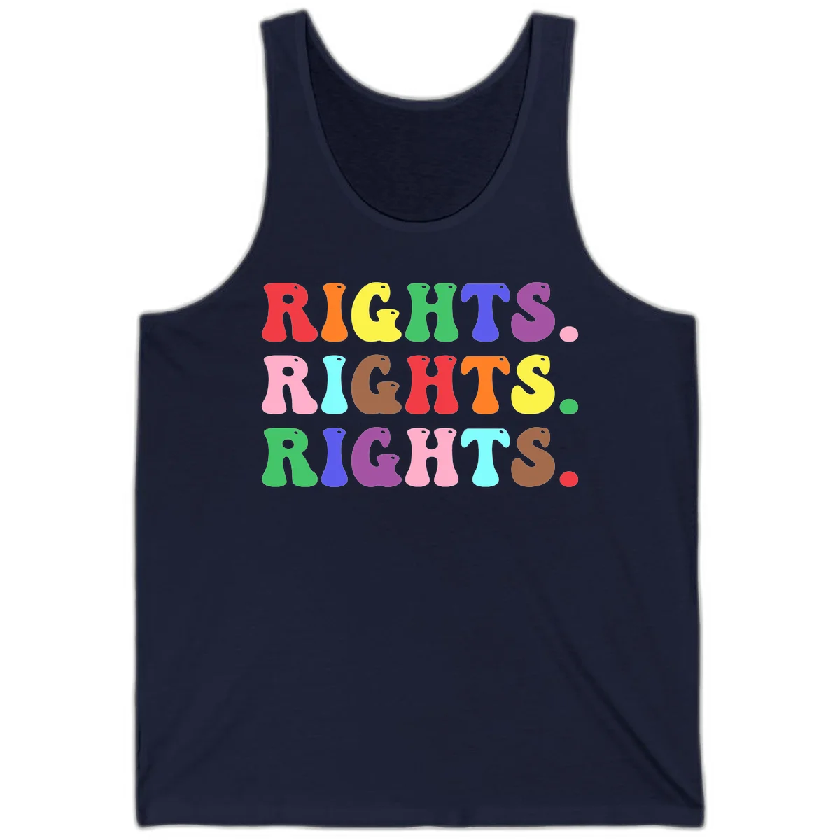Rainbow-colored letters spelling 'RIGHTS' three times in bright red, orange, yellow, green, blue, purple, pink, cyan, and brown on gray background in Navy
