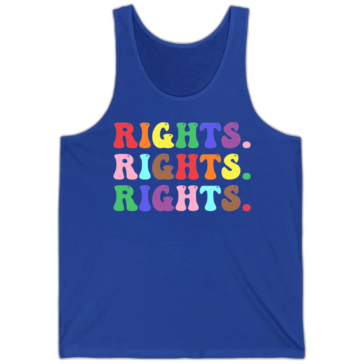 Rainbow-colored letters spelling 'RIGHTS' three times in bright red, orange, yellow, green, blue, purple, pink, cyan, and brown on gray background in True Royal