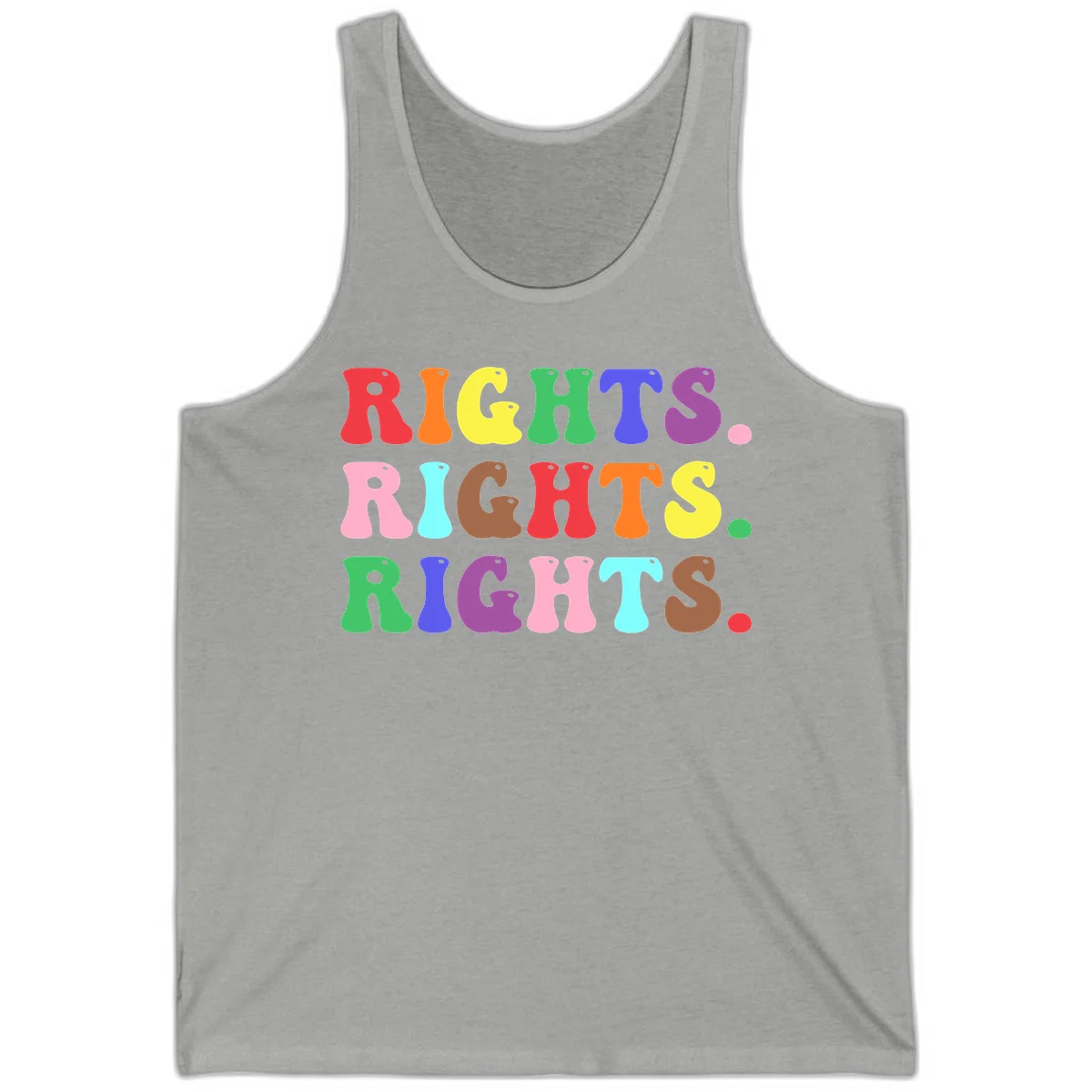 Rainbow-colored letters spelling 'RIGHTS' three times in bright red, orange, yellow, green, blue, purple, pink, cyan, and brown on gray background in Athletic Heather