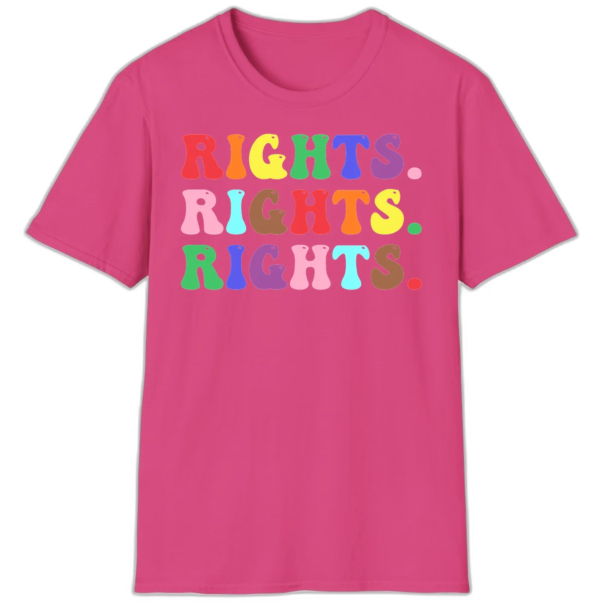 Rainbow-colored letters spelling 'RIGHTS' three times in bright red, orange, yellow, green, blue, purple, pink, cyan, and brown on gray background in Heliconia