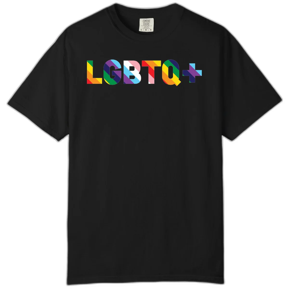 Colorful lgbtq-pride-letters design with diagonal rainbow stripes in red, orange, yellow, green, cyan, purple, and navy forming bold text in Black