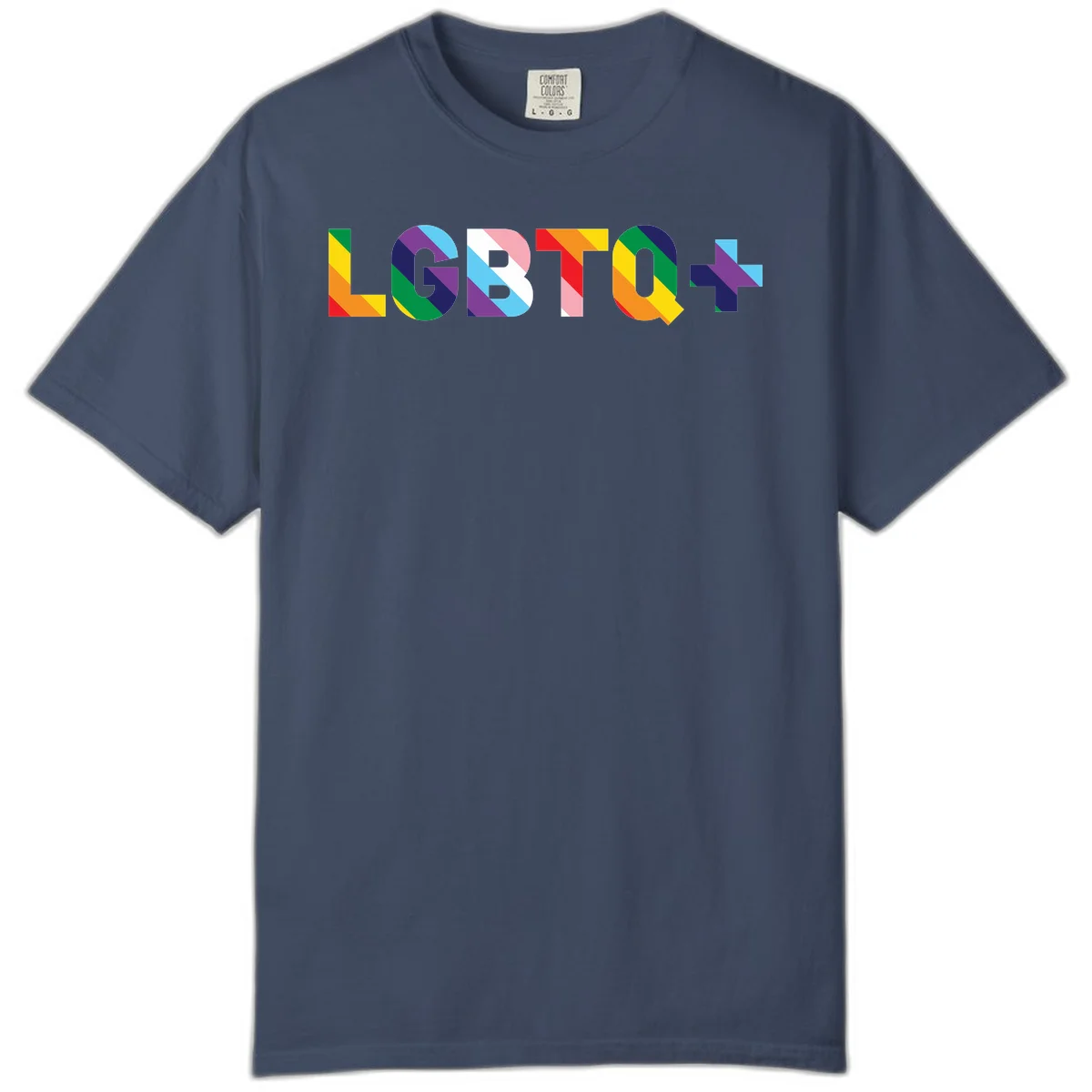 Colorful lgbtq-pride-letters design with diagonal rainbow stripes in red, orange, yellow, green, cyan, purple, and navy forming bold text in Midnight