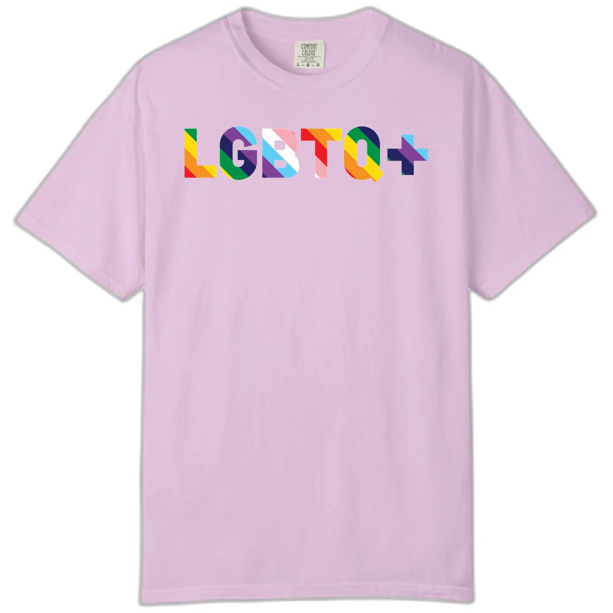Colorful lgbtq-pride-letters design with diagonal rainbow stripes in red, orange, yellow, green, cyan, purple, and navy forming bold text in Orchid