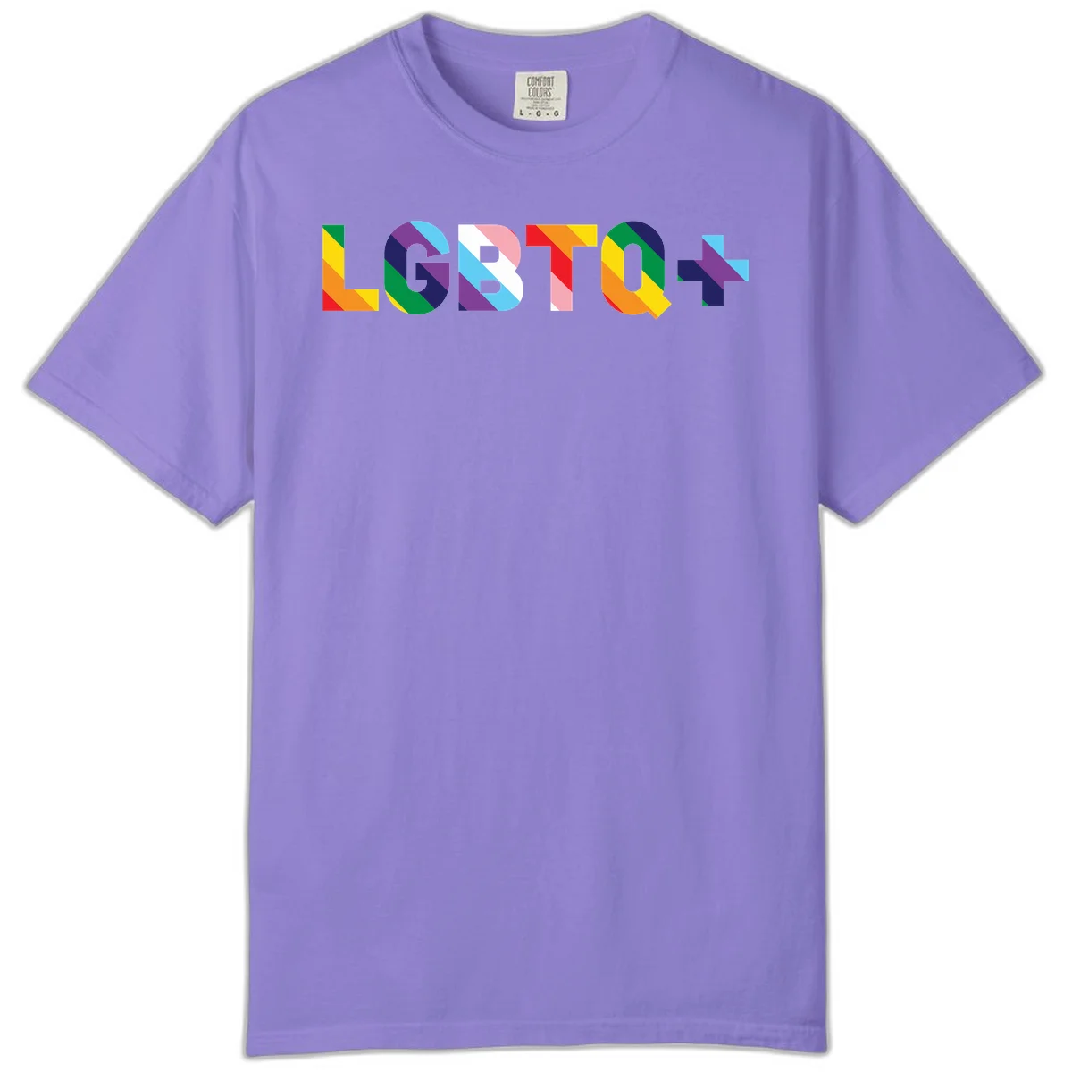 Colorful lgbtq-pride-letters design with diagonal rainbow stripes in red, orange, yellow, green, cyan, purple, and navy forming bold text in Violet