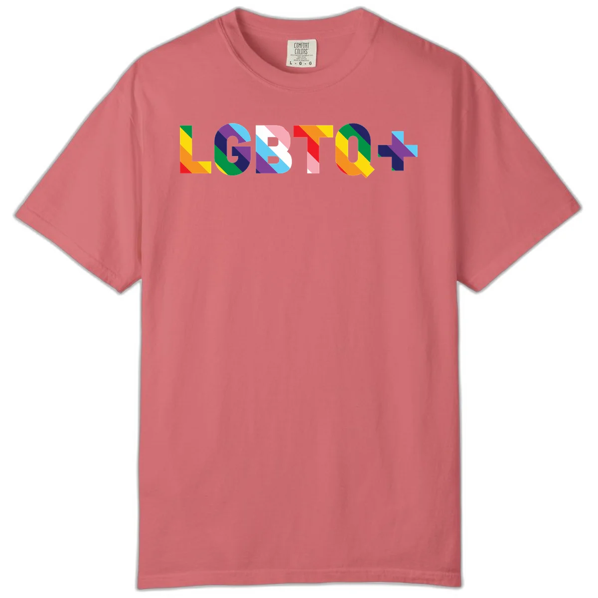 Colorful lgbtq-pride-letters design with diagonal rainbow stripes in red, orange, yellow, green, cyan, purple, and navy forming bold text in Watermelon