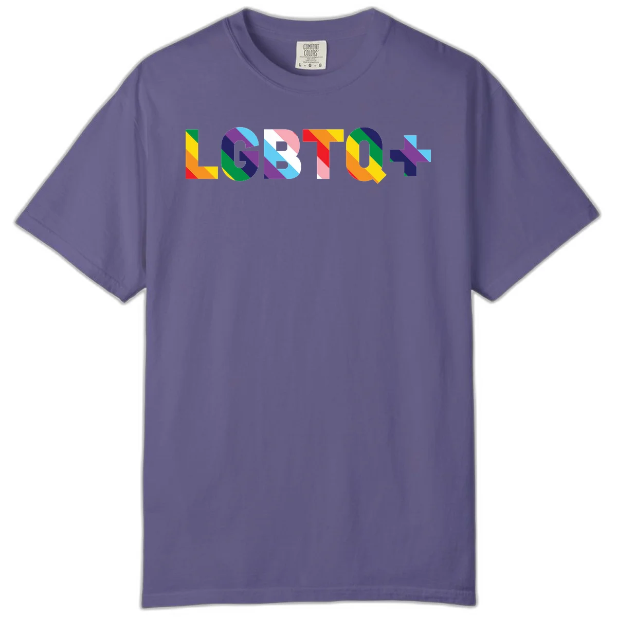 Colorful lgbtq-pride-letters design with diagonal rainbow stripes in red, orange, yellow, green, cyan, purple, and navy forming bold text in Grape