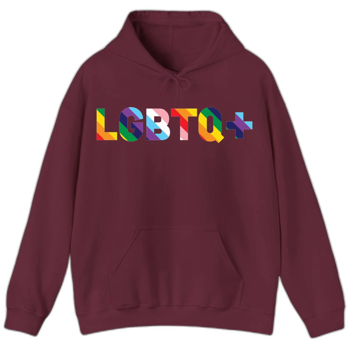 Colorful lgbtq-pride-letters design with diagonal rainbow stripes in red, orange, yellow, green, cyan, purple, and navy forming bold text in Maroon