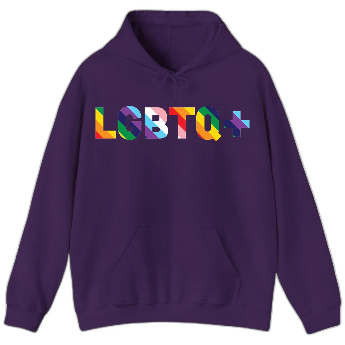 Colorful lgbtq-pride-letters design with diagonal rainbow stripes in red, orange, yellow, green, cyan, purple, and navy forming bold text in Purple