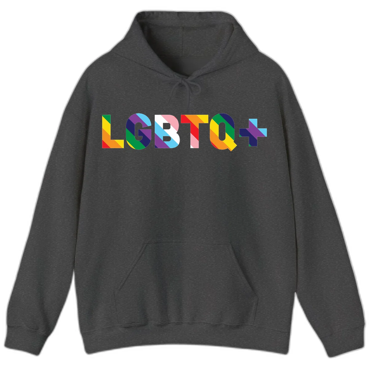 Colorful lgbtq-pride-letters design with diagonal rainbow stripes in red, orange, yellow, green, cyan, purple, and navy forming bold text in Dark Heather