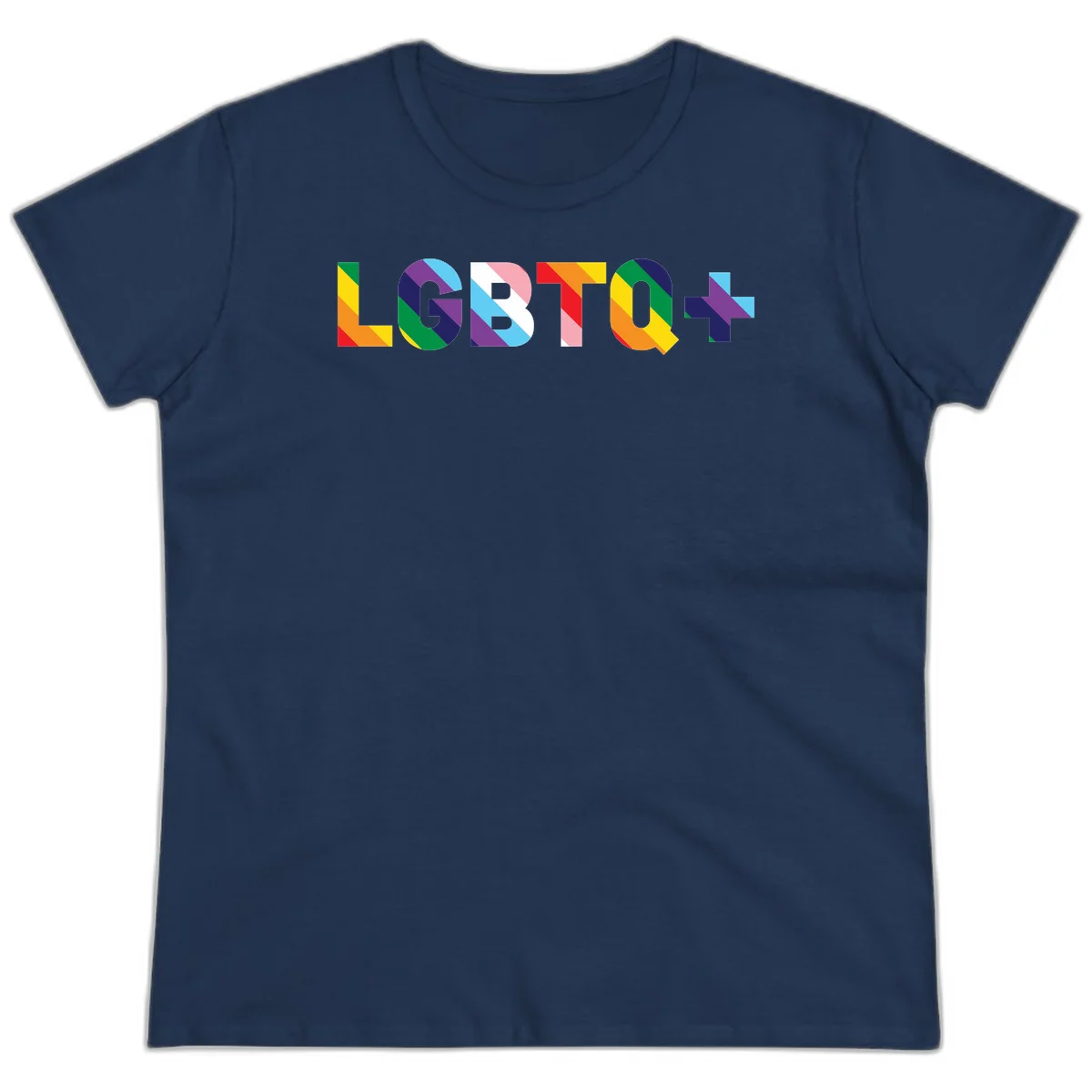 Colorful lgbtq-pride-letters design with diagonal rainbow stripes in red, orange, yellow, green, cyan, purple, and navy forming bold text in Navy