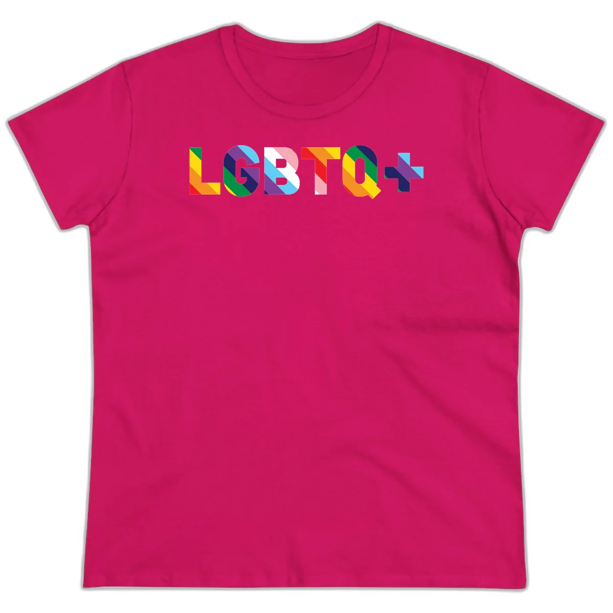 Colorful lgbtq-pride-letters design with diagonal rainbow stripes in red, orange, yellow, green, cyan, purple, and navy forming bold text in Heliconia
