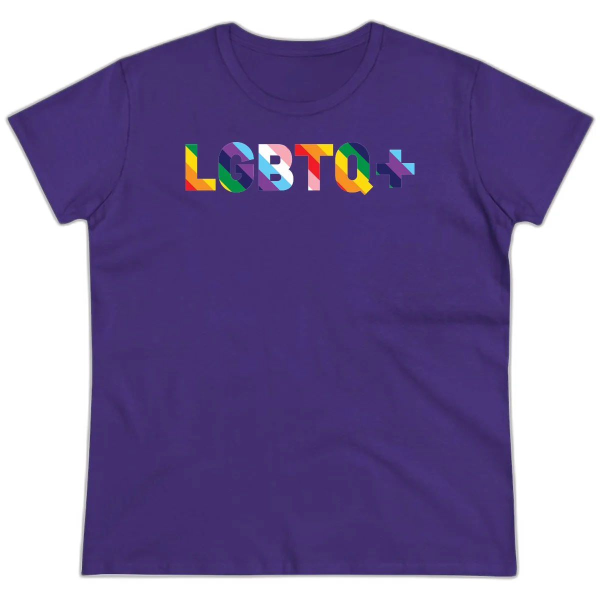 Colorful lgbtq-pride-letters design with diagonal rainbow stripes in red, orange, yellow, green, cyan, purple, and navy forming bold text in Purple