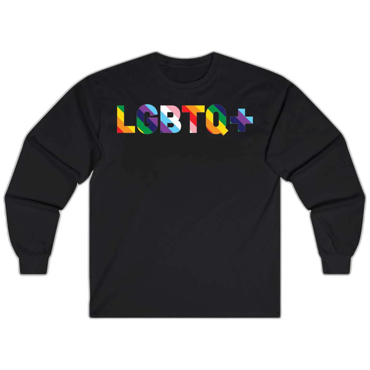 Colorful lgbtq-pride-letters design with diagonal rainbow stripes in red, orange, yellow, green, cyan, purple, and navy forming bold text in Black