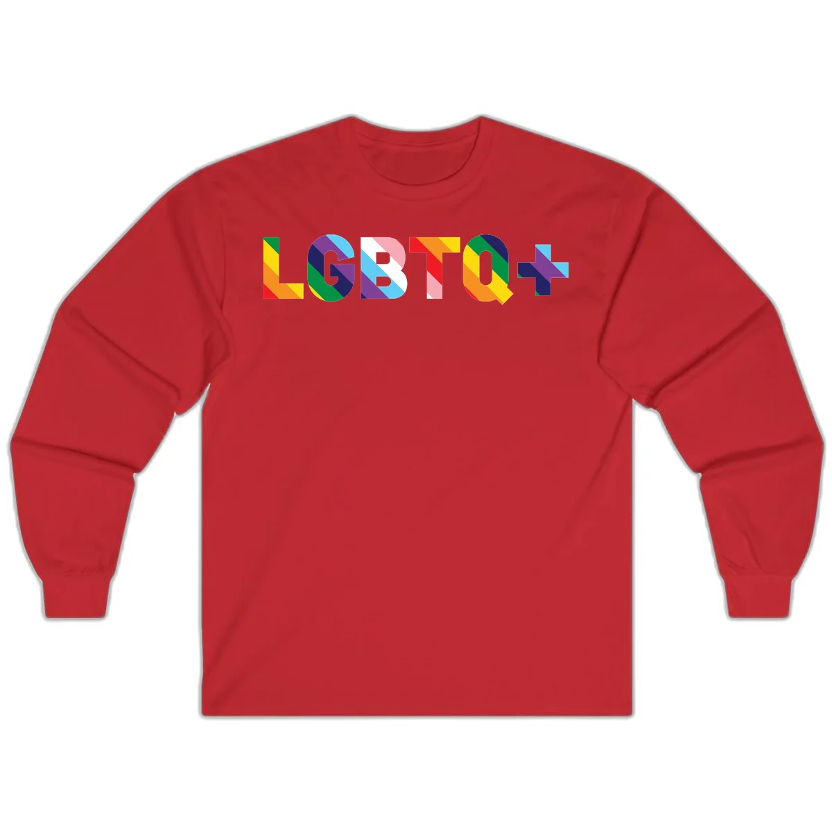 Colorful lgbtq-pride-letters design with diagonal rainbow stripes in red, orange, yellow, green, cyan, purple, and navy forming bold text in Red