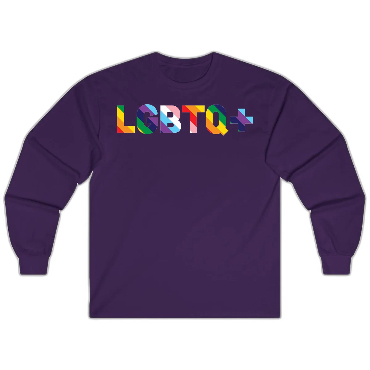 Colorful lgbtq-pride-letters design with diagonal rainbow stripes in red, orange, yellow, green, cyan, purple, and navy forming bold text in Purple
