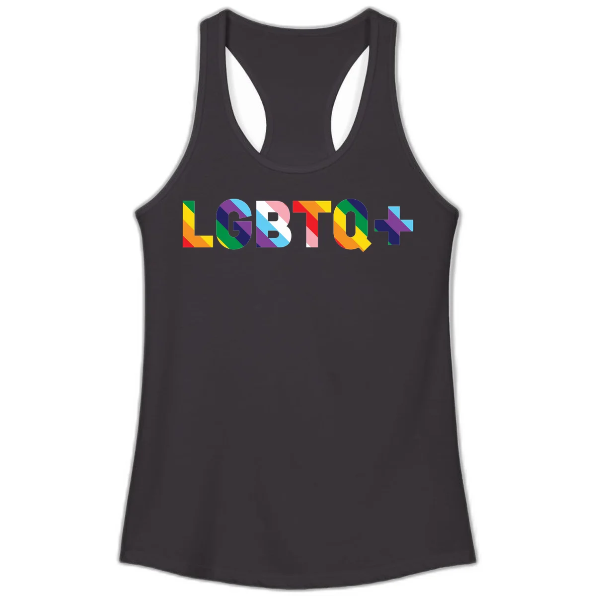 Colorful lgbtq-pride-letters design with diagonal rainbow stripes in red, orange, yellow, green, cyan, purple, and navy forming bold text in Black