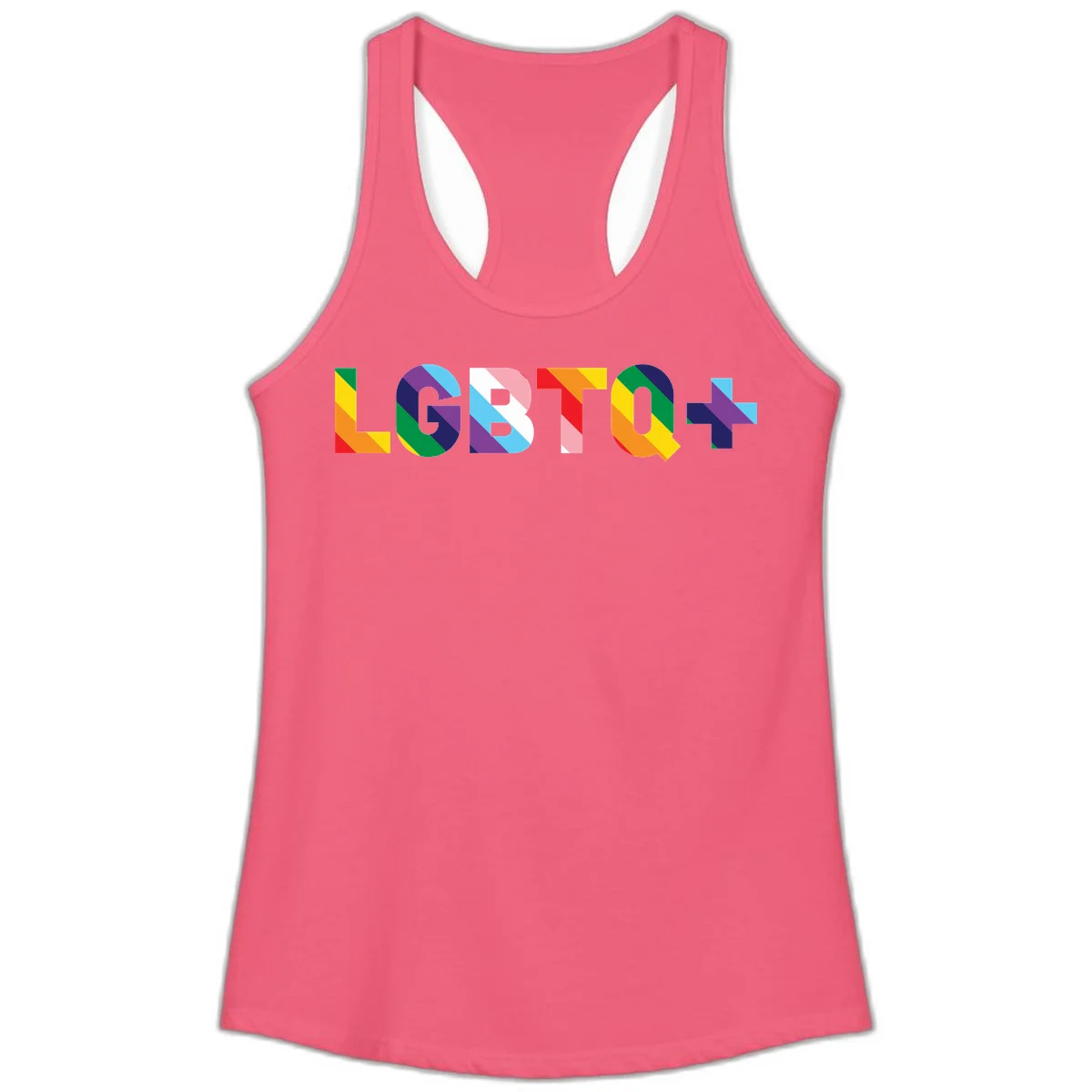 Colorful lgbtq-pride-letters design with diagonal rainbow stripes in red, orange, yellow, green, cyan, purple, and navy forming bold text in Hot Pink