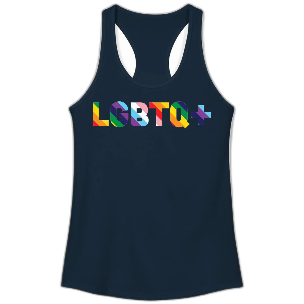 Colorful lgbtq-pride-letters design with diagonal rainbow stripes in red, orange, yellow, green, cyan, purple, and navy forming bold text in Solid Midnight Navy