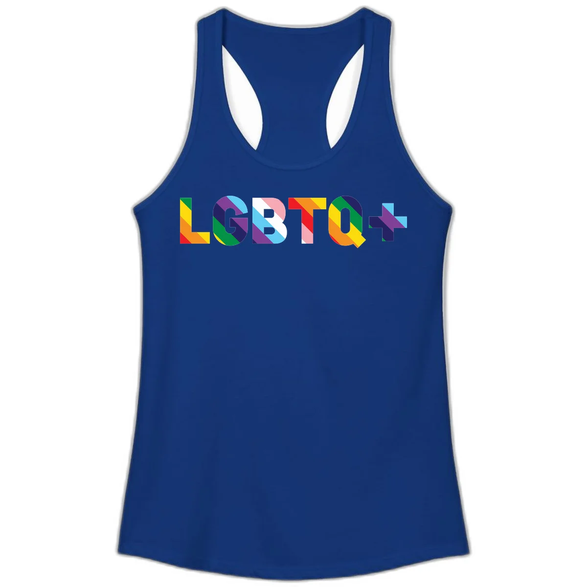 Colorful lgbtq-pride-letters design with diagonal rainbow stripes in red, orange, yellow, green, cyan, purple, and navy forming bold text in Solid Royal