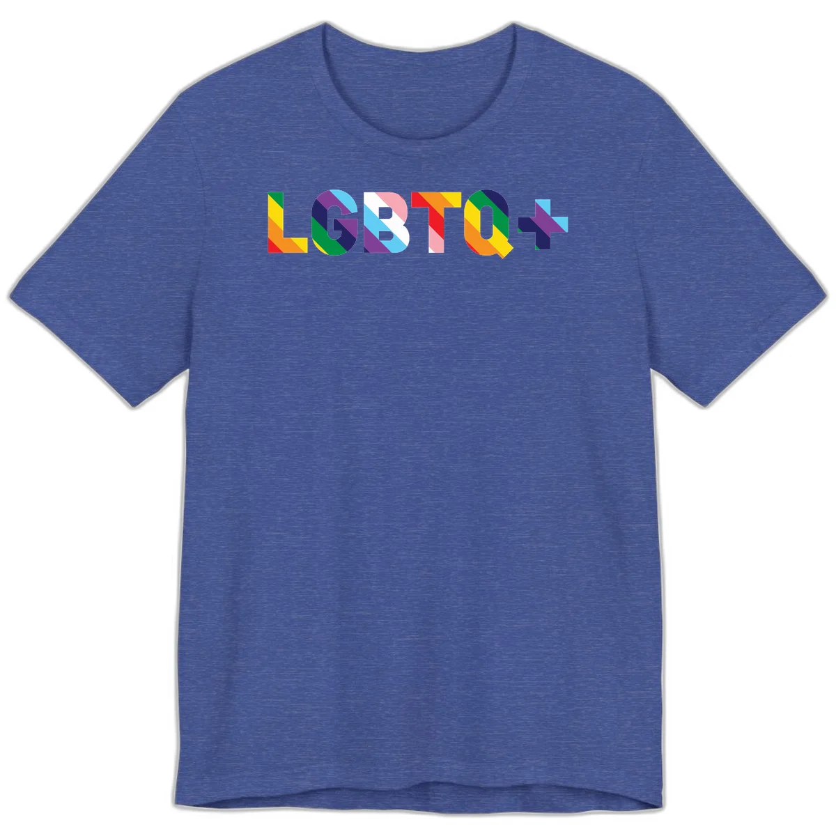 Colorful lgbtq-pride-letters design with diagonal rainbow stripes in red, orange, yellow, green, cyan, purple, and navy forming bold text in Heather True Royal