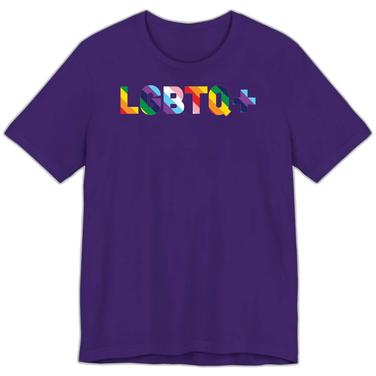 Colorful lgbtq-pride-letters design with diagonal rainbow stripes in red, orange, yellow, green, cyan, purple, and navy forming bold text in Team Purple