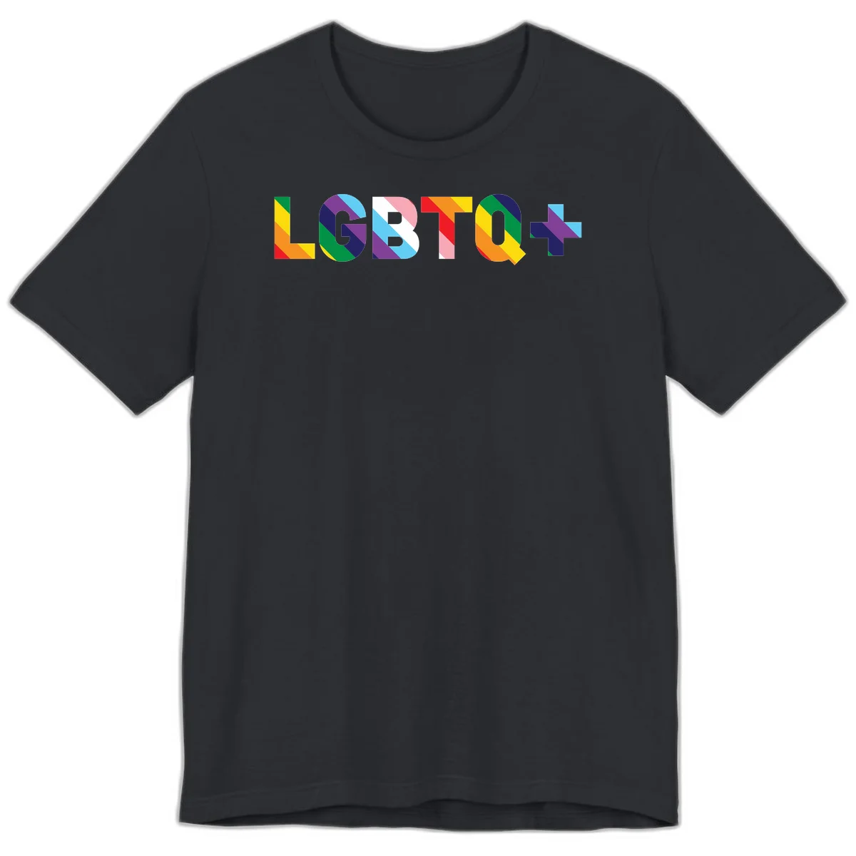 Colorful lgbtq-pride-letters design with diagonal rainbow stripes in red, orange, yellow, green, cyan, purple, and navy forming bold text in Vintage Black