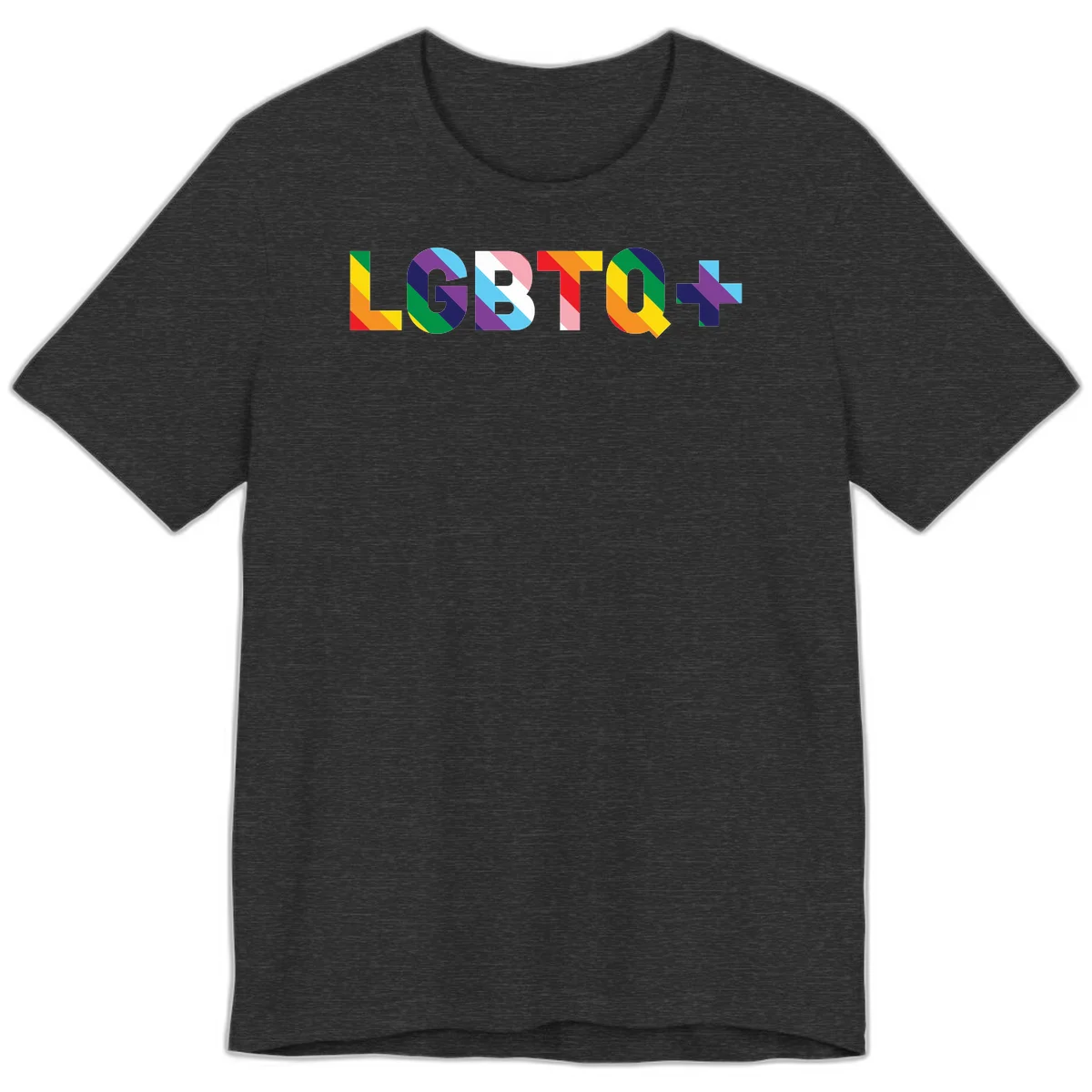Colorful lgbtq-pride-letters design with diagonal rainbow stripes in red, orange, yellow, green, cyan, purple, and navy forming bold text in Dark Grey Heather