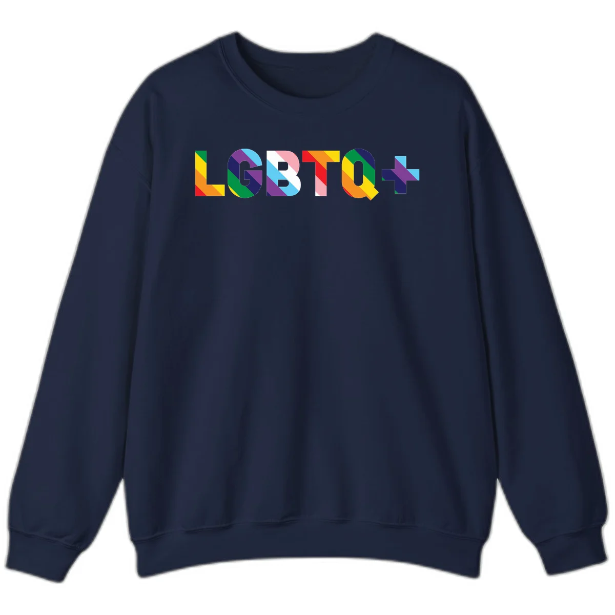 Colorful lgbtq-pride-letters design with diagonal rainbow stripes in red, orange, yellow, green, cyan, purple, and navy forming bold text in Navy
