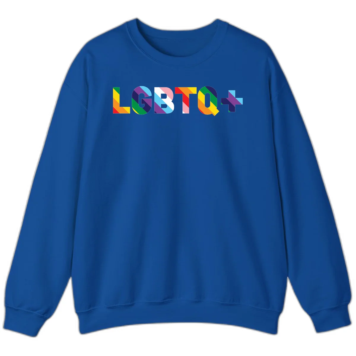 Colorful lgbtq-pride-letters design with diagonal rainbow stripes in red, orange, yellow, green, cyan, purple, and navy forming bold text in Royal