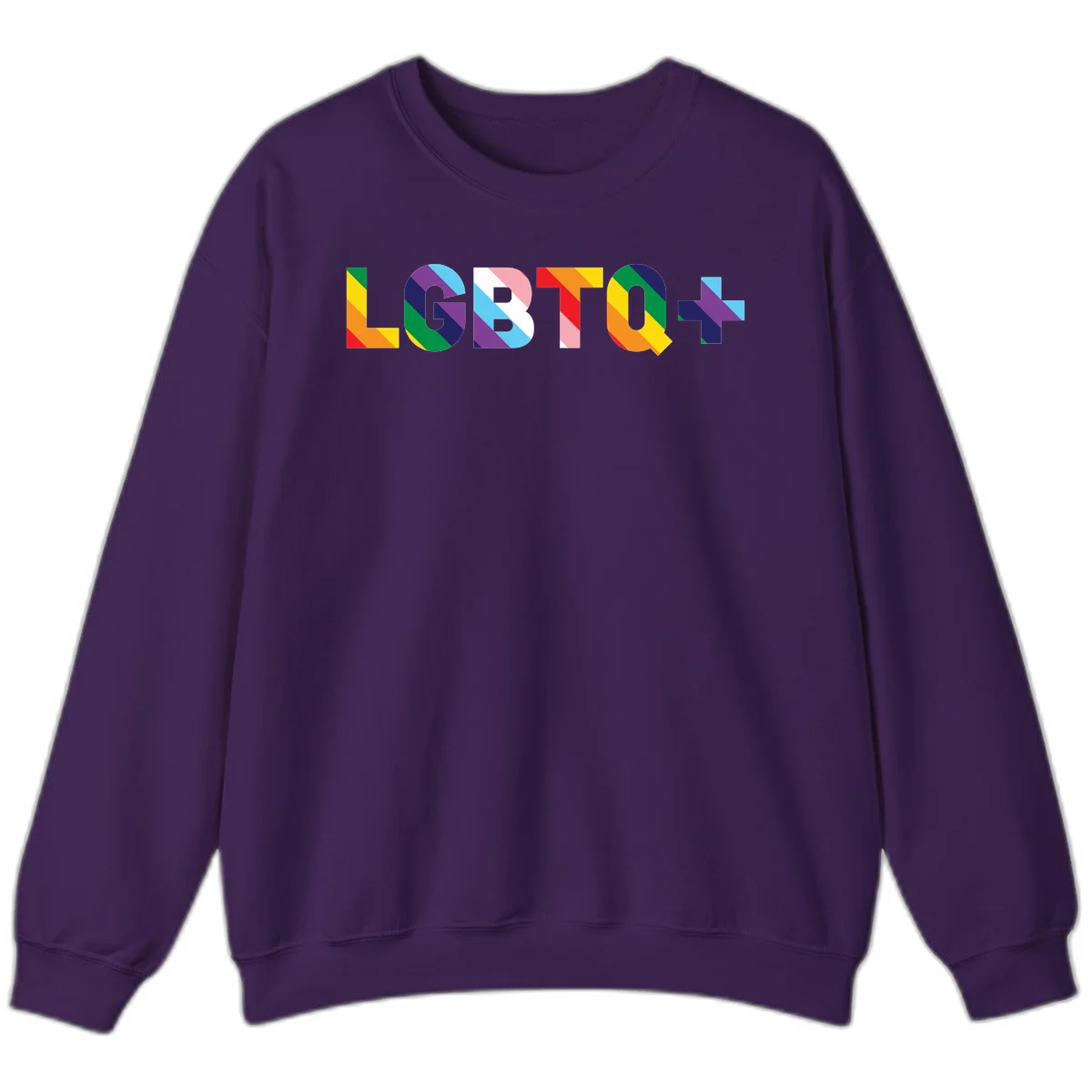 Colorful lgbtq-pride-letters design with diagonal rainbow stripes in red, orange, yellow, green, cyan, purple, and navy forming bold text in Purple