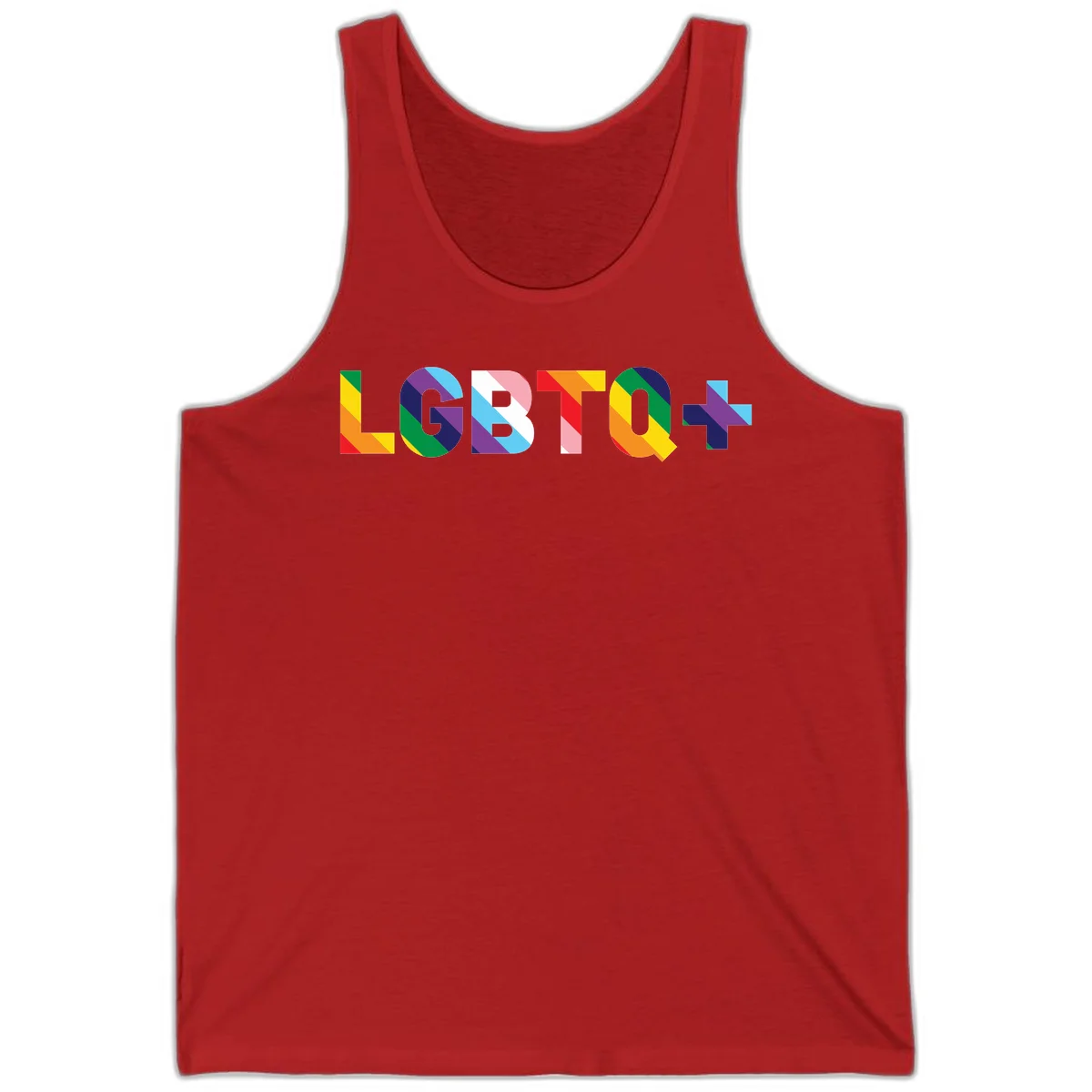 Colorful lgbtq-pride-letters design with diagonal rainbow stripes in red, orange, yellow, green, cyan, purple, and navy forming bold text in Red