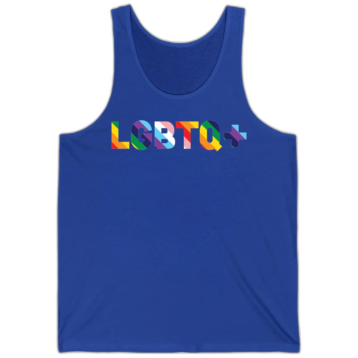 Colorful lgbtq-pride-letters design with diagonal rainbow stripes in red, orange, yellow, green, cyan, purple, and navy forming bold text in True Royal
