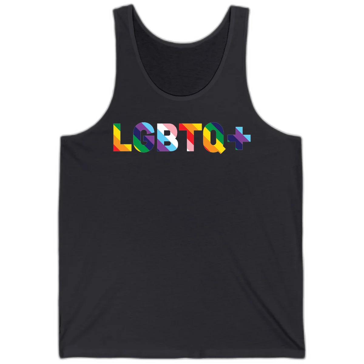 Colorful lgbtq-pride-letters design with diagonal rainbow stripes in red, orange, yellow, green, cyan, purple, and navy forming bold text in Dark Grey