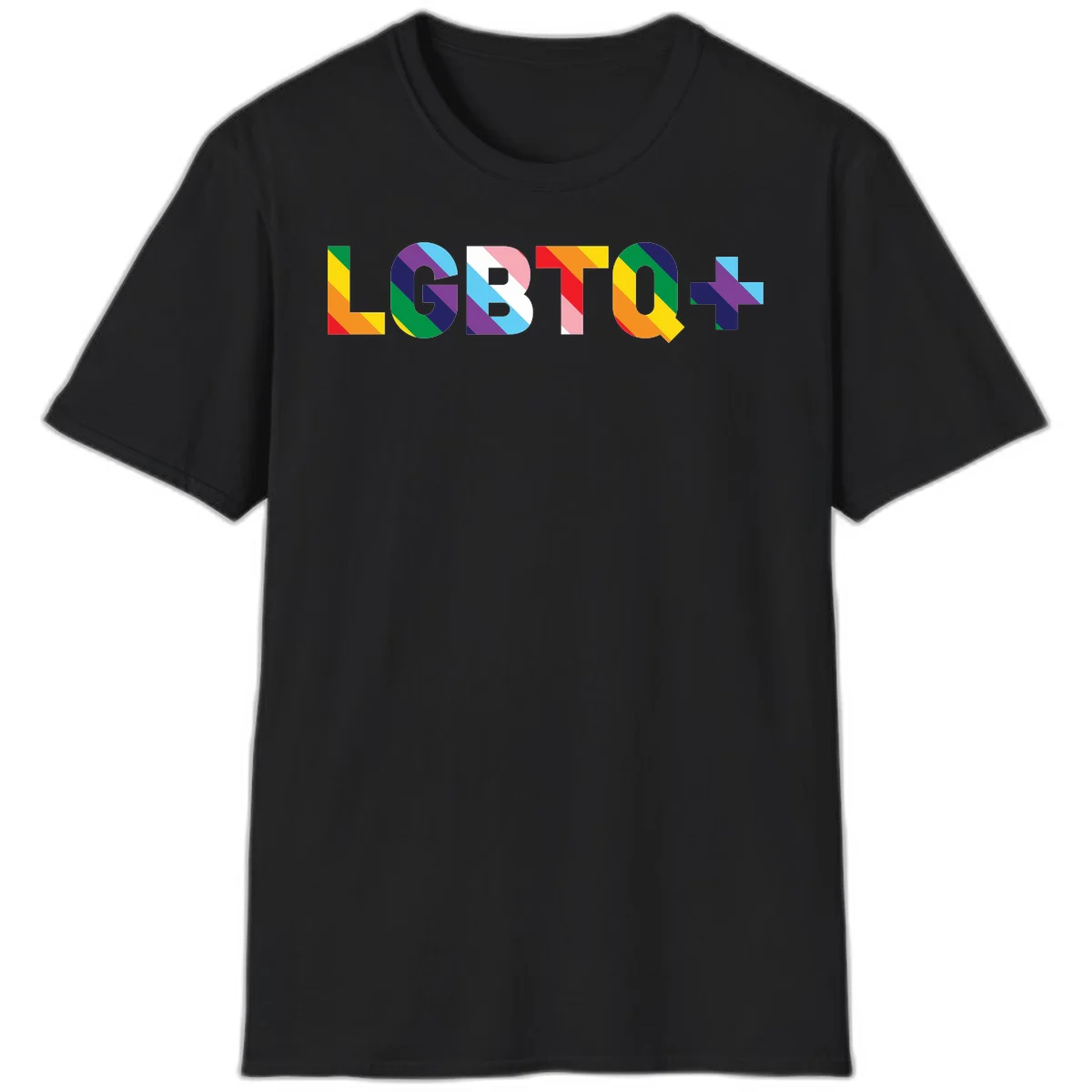 Colorful lgbtq-pride-letters design with diagonal rainbow stripes in red, orange, yellow, green, cyan, purple, and navy forming bold text in Black