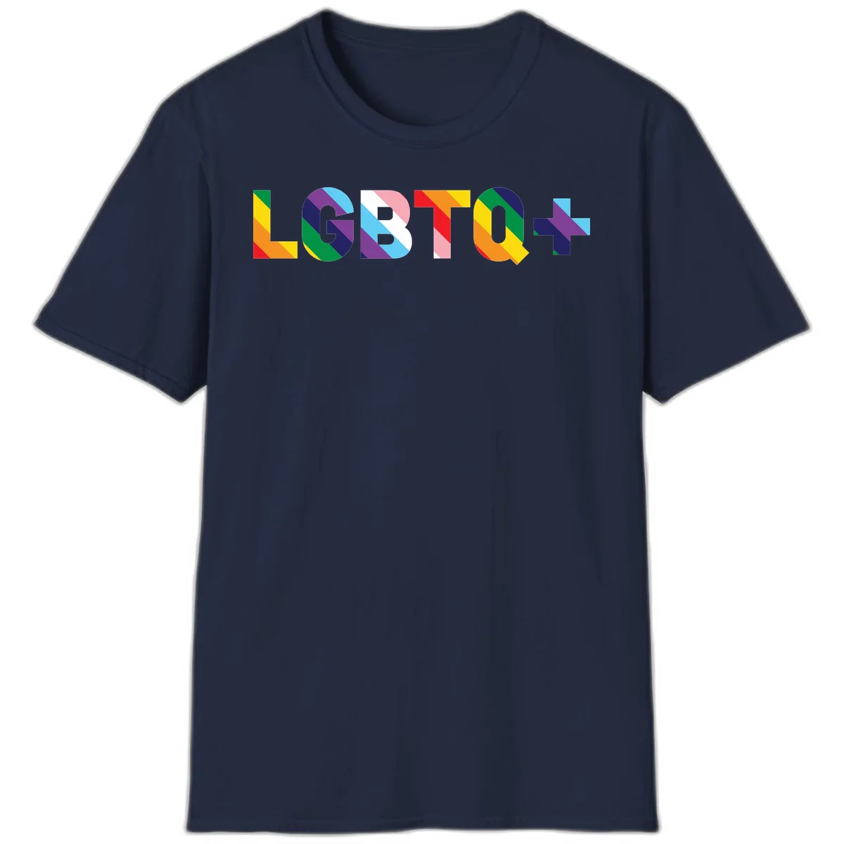 Colorful lgbtq-pride-letters design with diagonal rainbow stripes in red, orange, yellow, green, cyan, purple, and navy forming bold text in Navy