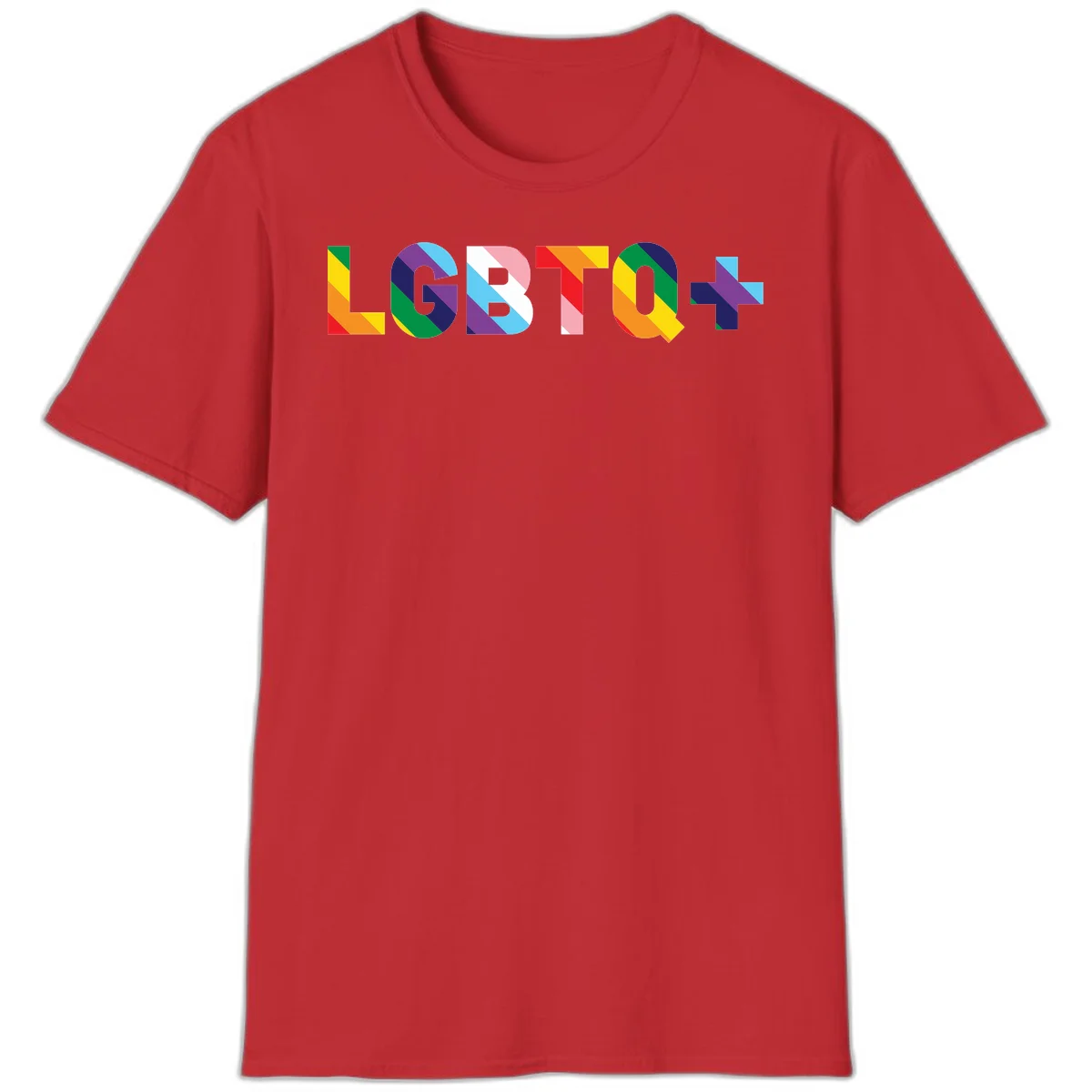 Colorful lgbtq-pride-letters design with diagonal rainbow stripes in red, orange, yellow, green, cyan, purple, and navy forming bold text in Red