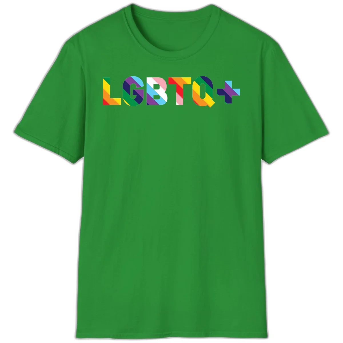 Colorful lgbtq-pride-letters design with diagonal rainbow stripes in red, orange, yellow, green, cyan, purple, and navy forming bold text in Irish Green