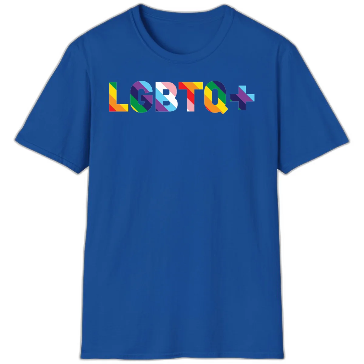 Colorful lgbtq-pride-letters design with diagonal rainbow stripes in red, orange, yellow, green, cyan, purple, and navy forming bold text in Royal