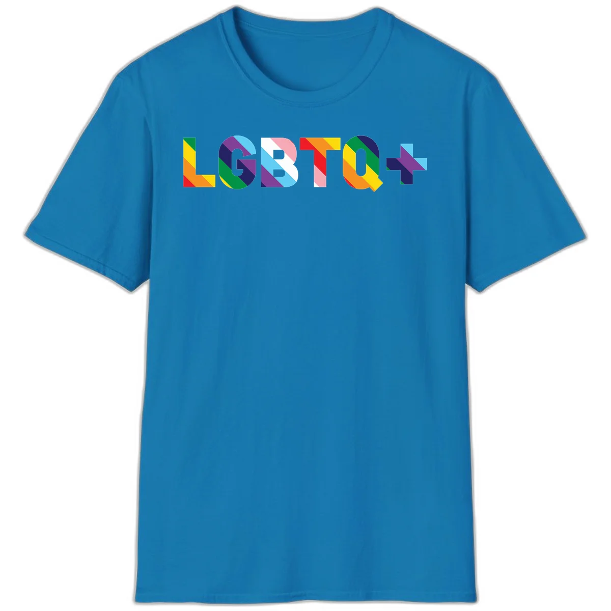 Colorful lgbtq-pride-letters design with diagonal rainbow stripes in red, orange, yellow, green, cyan, purple, and navy forming bold text in Sapphire