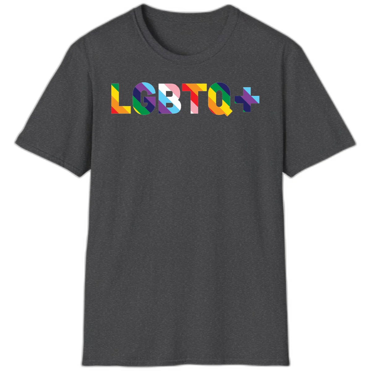 Colorful lgbtq-pride-letters design with diagonal rainbow stripes in red, orange, yellow, green, cyan, purple, and navy forming bold text in Dark Heather