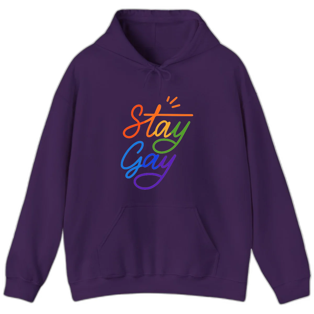 Colorful rainbow text reading 'Stay Gay' with green checkmark and orange exclamation marks, celebrating LGBTQ+ pride in Purple