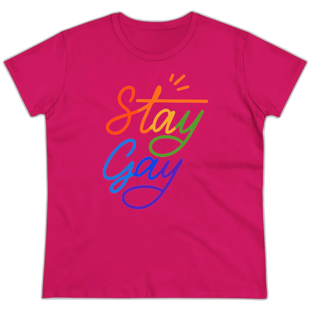 Colorful rainbow text reading 'Stay Gay' with green checkmark and orange exclamation marks, celebrating LGBTQ+ pride in Heliconia