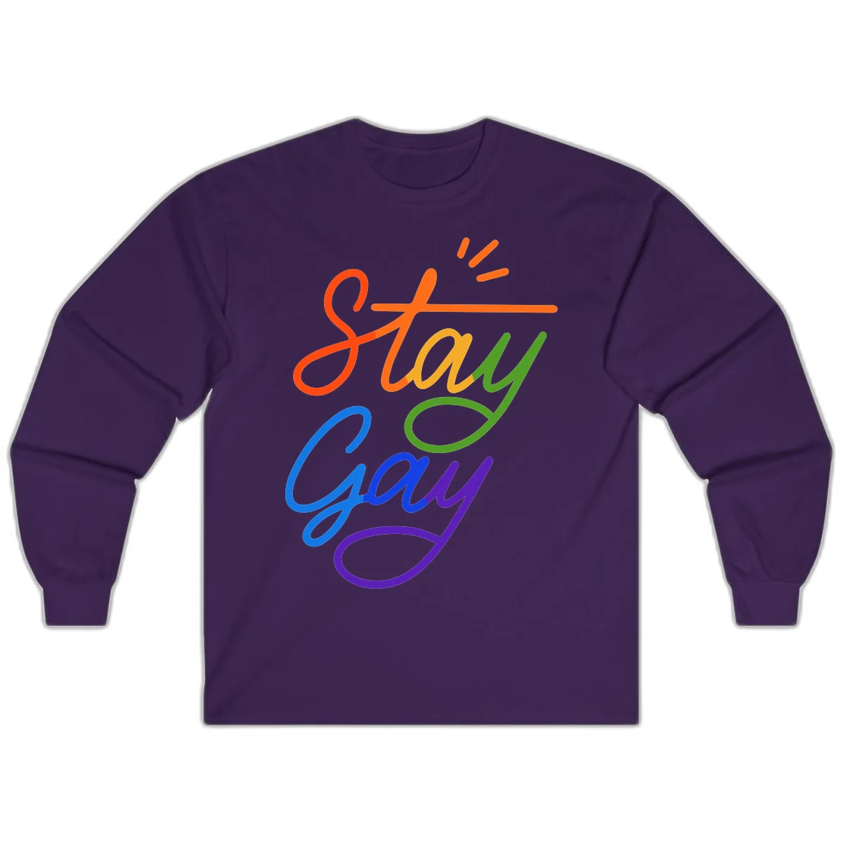 Colorful rainbow text reading 'Stay Gay' with green checkmark and orange exclamation marks, celebrating LGBTQ+ pride in Purple