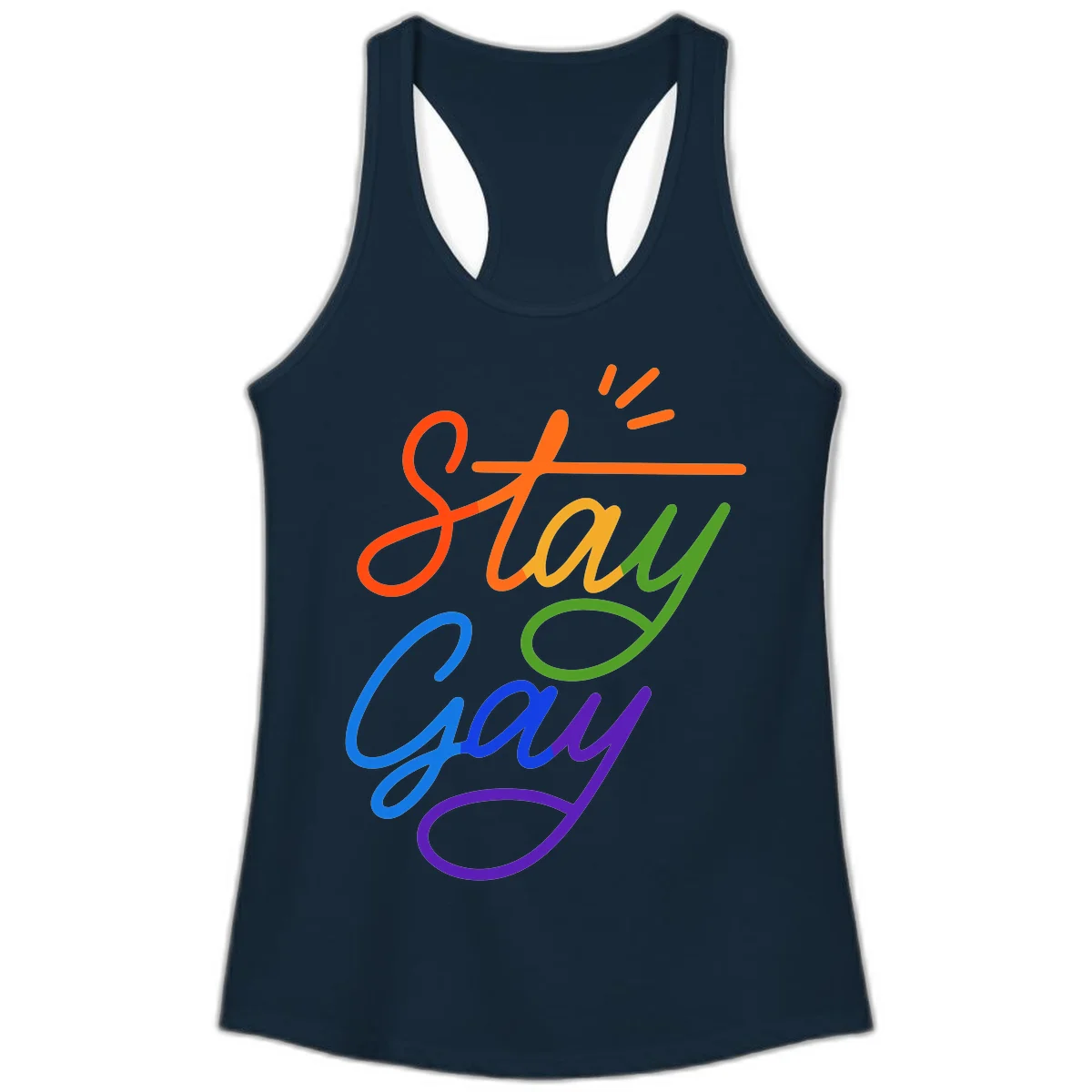 Colorful rainbow text reading 'Stay Gay' with green checkmark and orange exclamation marks, celebrating LGBTQ+ pride in Solid Midnight Navy