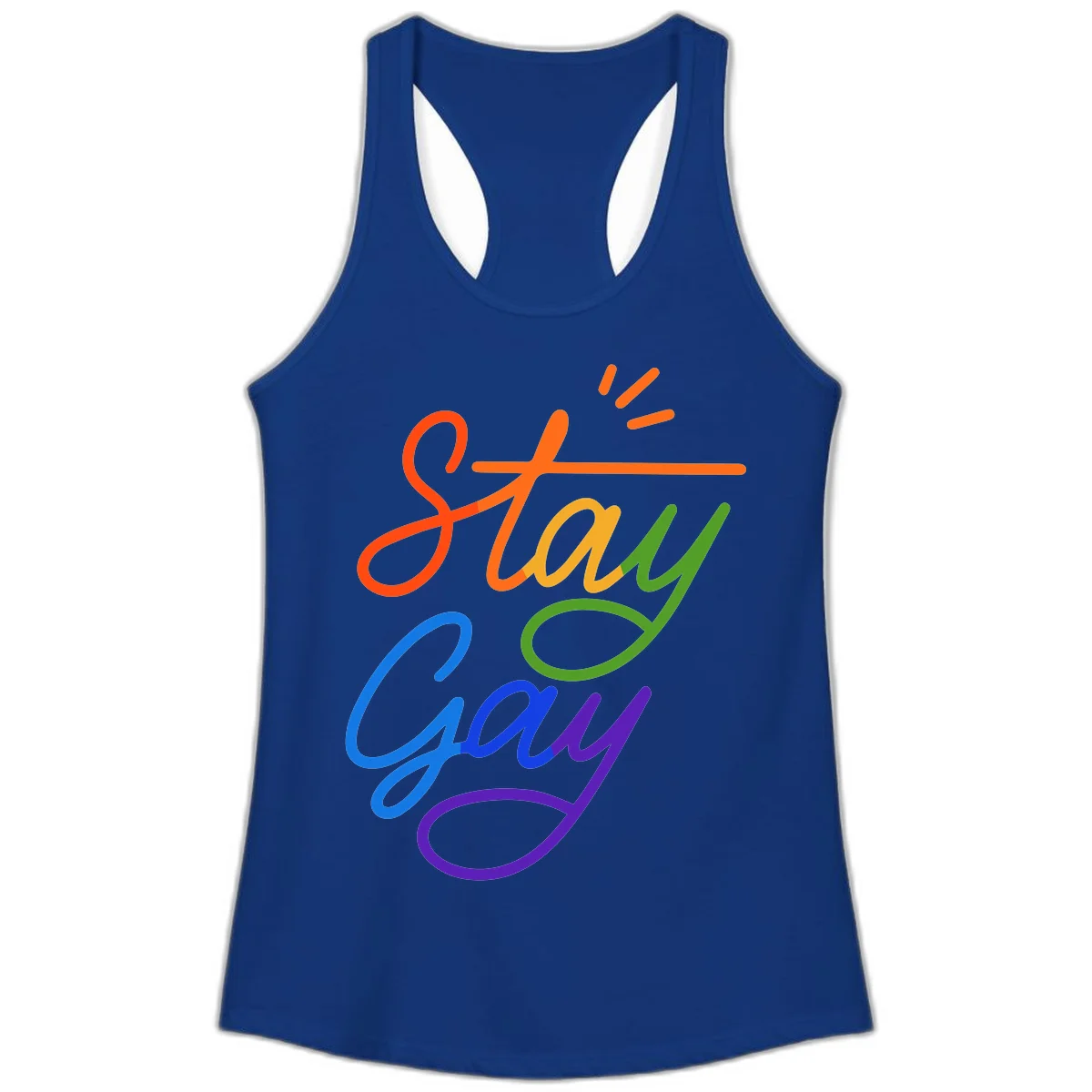 Colorful rainbow text reading 'Stay Gay' with green checkmark and orange exclamation marks, celebrating LGBTQ+ pride in Solid Royal